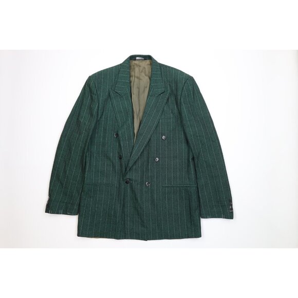 Vtg 70s 80s Mens 44L 2 Piece Wool Striped Double Breasted Suit Green 34x32 USA - Picture 2 of 16
